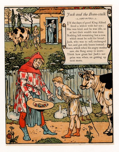Jack verkoopt zijn koe voor bonen, uit Het Blauwe Baard Prentenboek, uitgegeven 1879 door Walter Crane