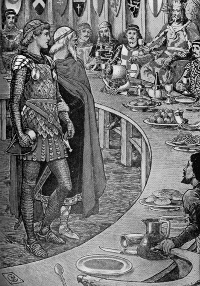 Koning Arthur - Een oude man presenteert Sir Galahad. door Walter Crane
