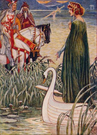 Koning Arthur vraagt de Dame van het Meer om het zwaard Excalibur door Walter Crane