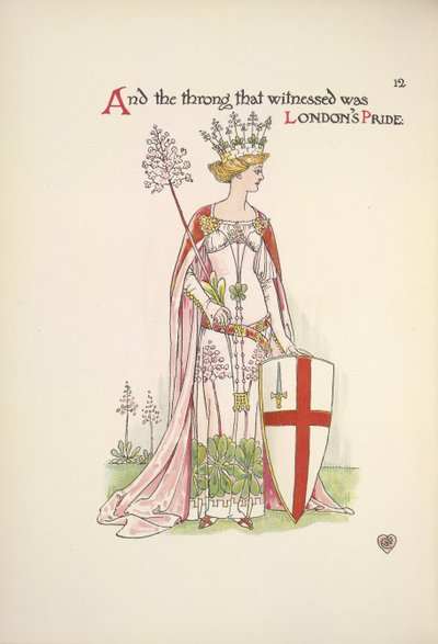 Londens trots. Een jonge vrouw die een schild met het kruis van St. George vasthoudt door Walter Crane