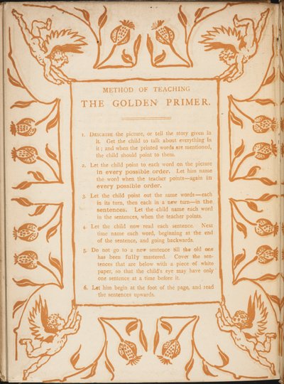 Methode om de Golden primer te onderwijzen. Bloemrijke randen met cherubijnen. door Walter Crane