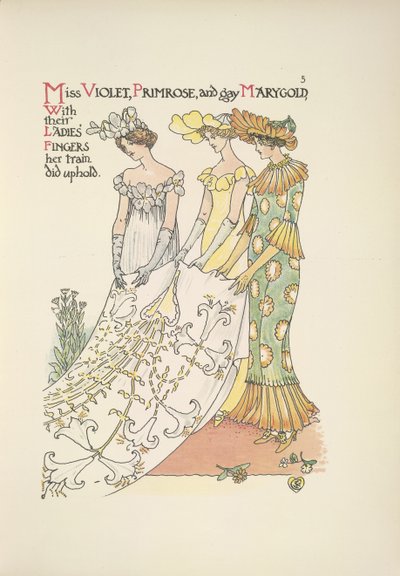Juffrouw Violet, Primrose en vrolijke Marygold. Drie jonge dames door Walter Crane