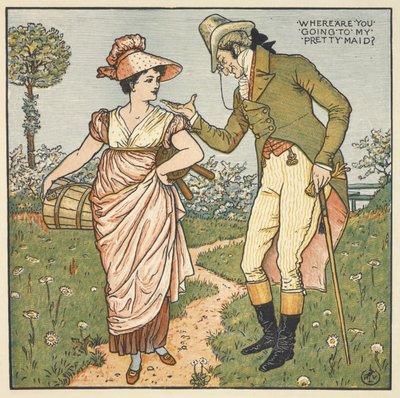 Mijn mooie meid. Een heer die met een jonge vrouw praat. door Walter Crane