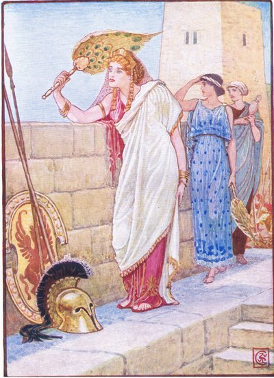 Vaak stond ze op de muren van Troje, illustratie uit Het Verhaal van Griekenland, 1930s door Walter Crane