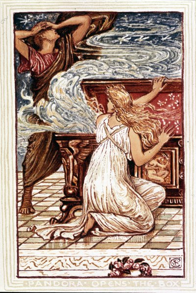 Pandora opent de doos. Illustratie door Walter Crane voor 