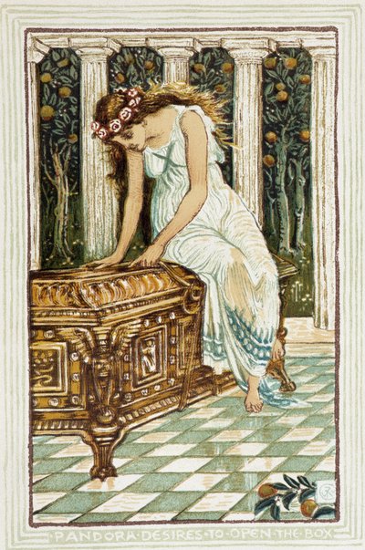 Pandora wil de kluis openen - in "A wonder book for girls and boys" door Walter Crane