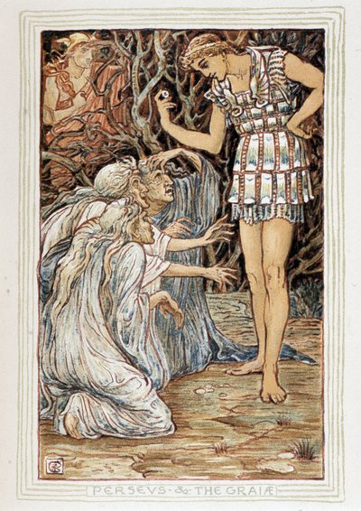 Persee en de Graia (Beotië, Griekenland) - Hij ontmoet drie oude vrouwen (heksen?) - in "A wonder book for girls and boys" door Walter Crane (1845-1915) door Walter Crane