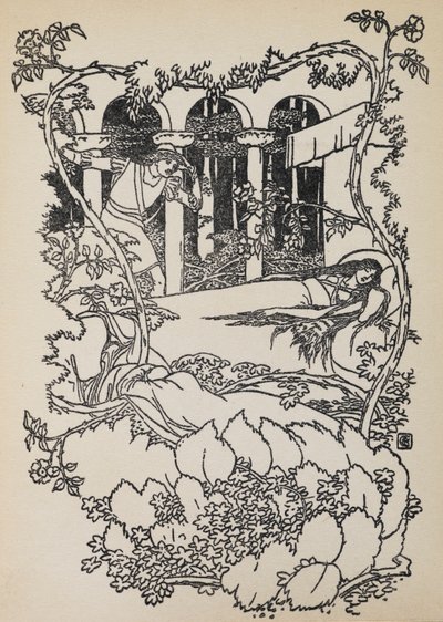 Prins Charmant vindt Doornroosje slapend in een gebouw overwoekerd met doornen door Walter Crane