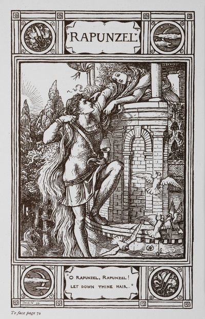 Rapunzel leunt uit het raam van een toren terwijl een prins aan haar haar omhoog klimt door Walter Crane
