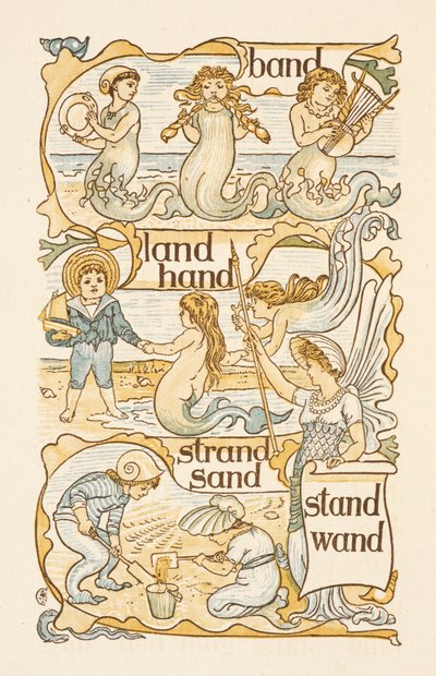 Rijmwoorden eindigend op de letter D. Zeemeerminnen. Kinderen bouwen zandkastelen op een strand. The Golden primer. door Walter Crane