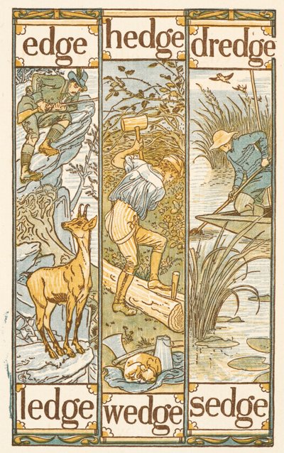 Rijmwoorden eindigend op de letter E. De Gouden primer. door Walter Crane