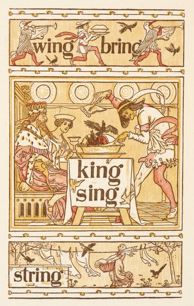 Rijmwoorden eindigend op de letter G. Merels in een taart. Een waslijn. The Golden primer. door Walter Crane