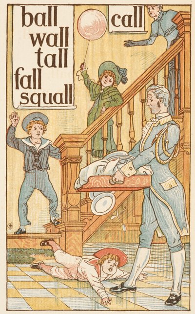 Rijmwoorden eindigend op de letter L. Kinderen en een butler. De Gouden primer. door Walter Crane