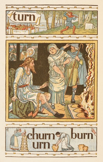 Rijmende woorden eindigend op de letter N. Een illustratie, mogelijk koning Alfred en de brandende taarten tonend. De Gouden primer. door Walter Crane