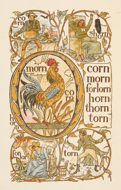 Rijmwoorden eindigend op de letter N. Om het gebruik van de letter O te illustreren. De Gouden primer. door Walter Crane