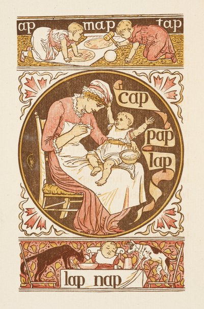 Rijmwoorden eindigend op de letter P. Een illustratie, die een vrouw toont die een kind voedt. The Golden primer. door Walter Crane