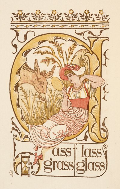 Rijmwoorden eindigend op de letter S. Een vrouw met een gezichtsspiegel. De Gouden primer. door Walter Crane