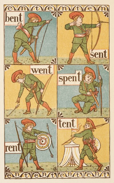Rijmwoorden eindigend op de letter T. Een jongen met een boog en pijl. De Gouden primer. door Walter Crane