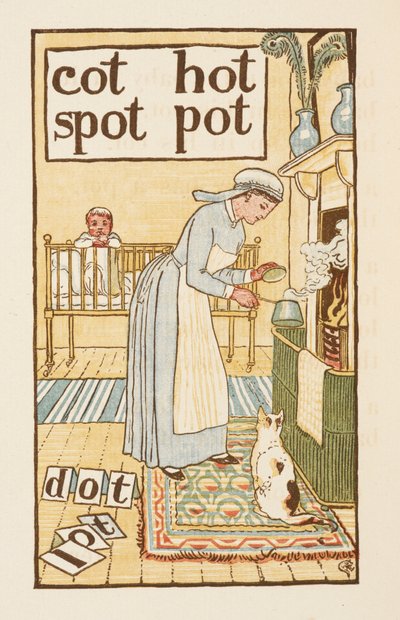 Rijmende woorden eindigend op de letter T. Een illustratie, die een verpleegster toont die een pot kookt voor een ziek kind. De Gouden primer. door Walter Crane