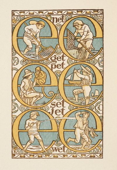 Rijmende woorden die het gebruik van de letter E illustreren. De Gouden primer. door Walter Crane