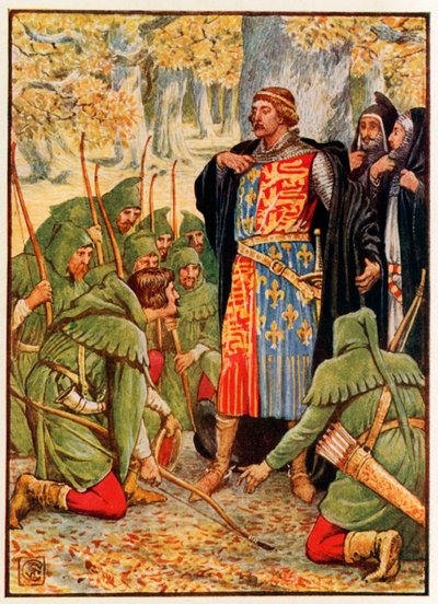Robin Hood en zijn mannen knielen voor de koning door Walter Crane