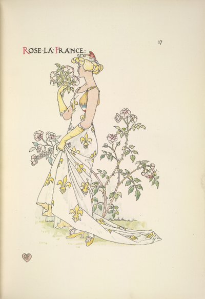 Roos La France. Een jonge vrouw die aan een boeket bloemen ruikt door Walter Crane