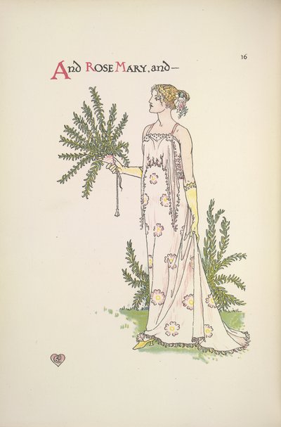 Rose Mary. Een jonge vrouw die een plant vasthoudt door Walter Crane