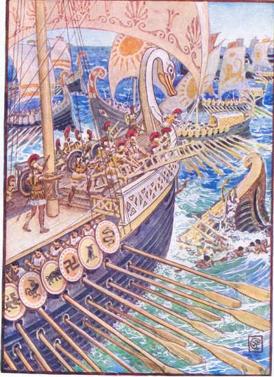 Schip tegen schip geslagen, tot de Perzische doden de diepte bezaaiden als bloemen, illustratie uit Het Verhaal van Griekenland, 1930s door Walter Crane