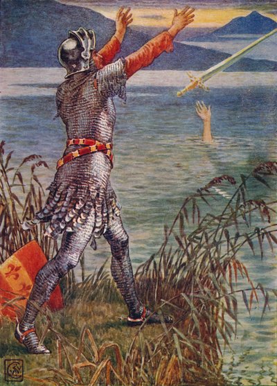 Sir Bedivere werpt het zwaard Excalibur in het Meer, 1911 door Walter Crane