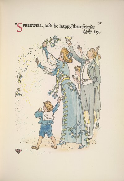 Speedwell. De bruiloftsgasten gooien confetti door Walter Crane