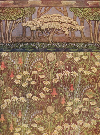 "De Weide" behang, met "De Meiboom" fries, ca. 1905 (print) door Walter Crane