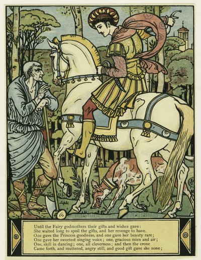 De Prins vraagt de weg, uit Het Blauwbaard Prentenboek, uitgegeven 1879 door Walter Crane
