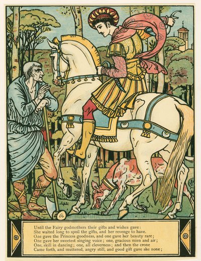 De prins vraagt de weg, uit Het Blauwbaard Prentenboek, uitgegeven 1879 door Walter Crane