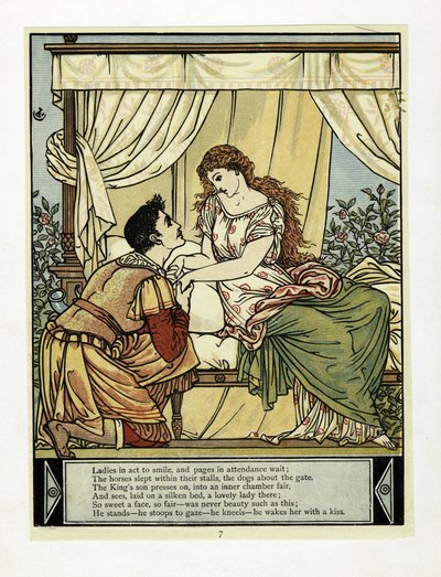 De prins wekt Schoonheid, uit Het Blauwbaard Prentenboek, uitgegeven 1879 door Walter Crane