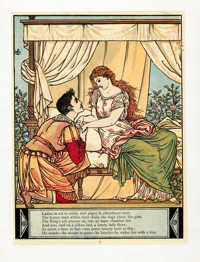 De prins wekt schoonheid, uit Het Blauwe Baard Prentenboek, pub. 1879 kleur lithografie, 1879 door Walter Crane