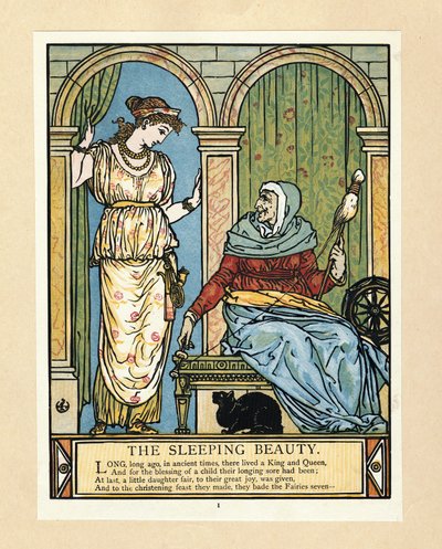 De prinses leert spinnen, uit Het Blauwbaard Prentenboek, uitgegeven 1879 door Walter Crane