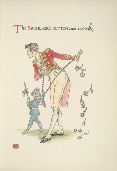 De vrijgezellenknop. Een jonge man geketend aan de polsen; Cupido leidt hem mee door Walter Crane
