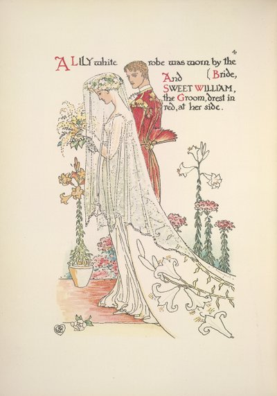 De bruid en bruidegom. Een lelie witte jurk gedragen door de bruid, en zoete William, de bruidegom, gekleed in rood door Walter Crane