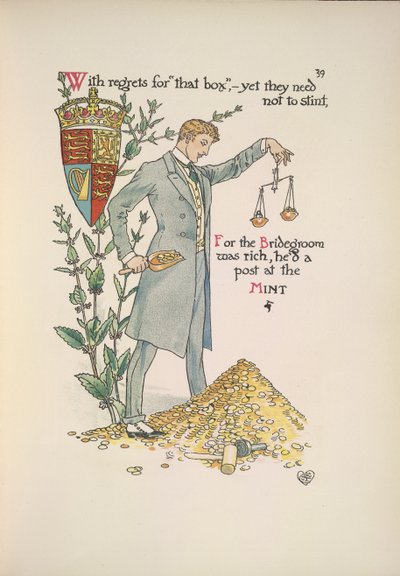 De bruidegom houdt een weegschaal vast om zijn rijkdom te meten door Walter Crane