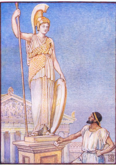 Het beeld van de godin was kolossaal, illustratie uit The Story of Greece, 1930s door Walter Crane