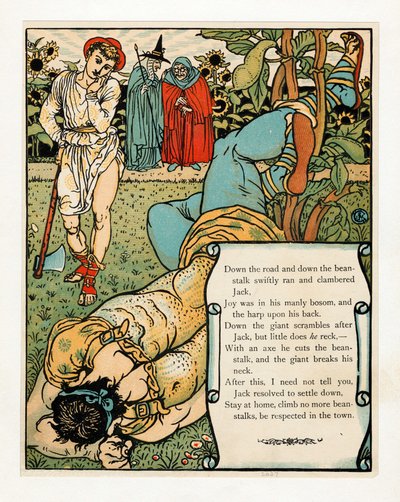 De reus breekt zijn nek, uit Het Blauwbaard Prentenboek, pub. 1879 kleur lithografie, 1879 door Walter Crane