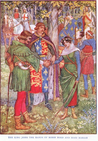 De koning verbindt de handen van Robin Hood en Maid Marian, c.1920 door Walter Crane
