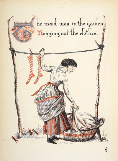 Het dienstmeisje was in de tuin de was aan het ophangen. door Walter Crane