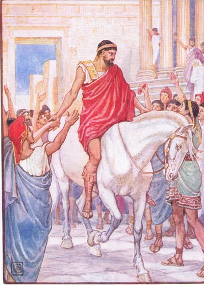 De menigte begroette hem met luide toejuichingen, illustratie uit The Story of Greece, 1930s door Walter Crane