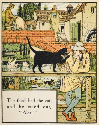 De derde had de kat, en hij riep: "ach!". De zoon van de molenaar en zijn kat door Walter Crane