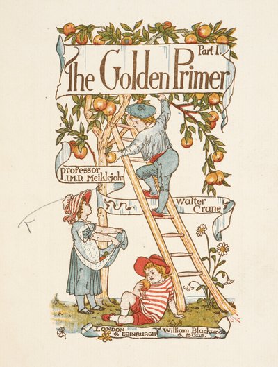 Titelpagina voor de Gouden primer. Een kind staat op een ladder en plukt appels van een boom. door Walter Crane