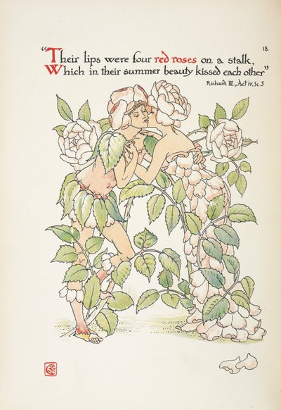 Twee figuren die kussen gekleed als rozen door Walter Crane