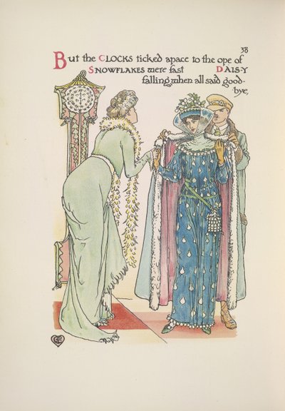 Bruiloftsgasten vertrekken. Een dame zegt gedag; een man helpt haar met haar jas door Walter Crane