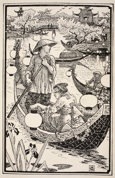 Toen de avond viel stapten ze weer in hun boot, versierden deze van boeg tot achtersteven met bloemen, illustratie uit 