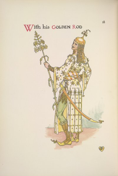 Met zijn gouden staf. Een man die een langstengelige plant vasthoudt door Walter Crane